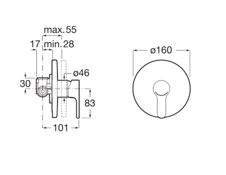Technical drawing of a circular wall-mounted valve with side and front views, showing dimensions: maximum projection 55 mm, minimum 28 mm, mounting hole Ø46, cover Ø160, and overall depth about 101 mm.