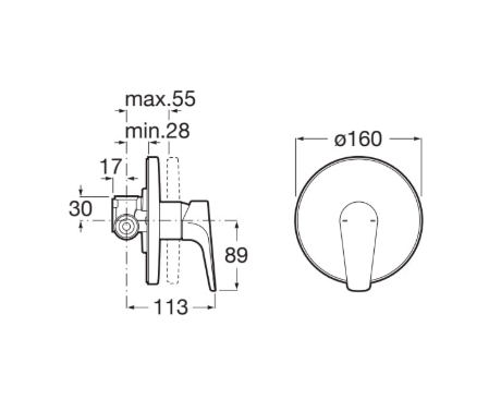 Technical drawing of a circular control knob with a lever, shown in side and front views with dimensions (Ø160, depth 89, width 113).