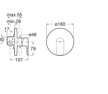 Two-view technical drawing of a circular wall-mounted control: a side elevation showing overall length ~107 mm, depth ~79 mm, stem Ø46 mm and adjustable range (min 28 mm to max 55 mm), plus surrounding mounting details; and a front view of a circular face plate with outer Ø160 mm and a central vertical slot/handle opening.