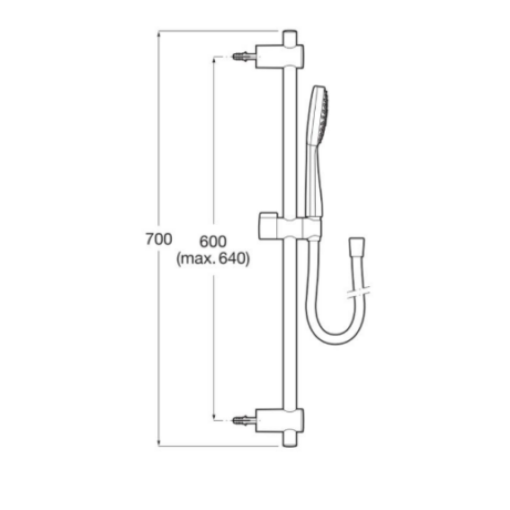 Line drawing of a vertical shower rail with a handheld shower and hose; overall height 700 mm and rail length 600 mm (max 640 mm).