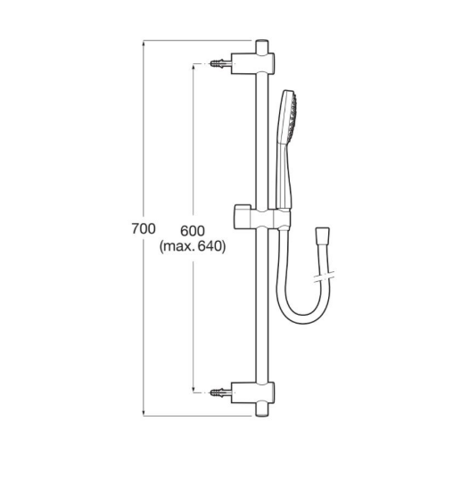 Екранна снимка 2026-07-31 091641 - Мебели за баня и душкабини Line drawing of a vertical shower rail with a handheld shower and hose; overall height 700 mm and rail length 600 mm (max 640 mm).