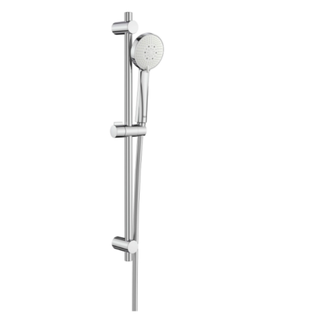 Chrome handheld showerhead attached to a vertical sliding rail in a shower setting. Is described as a chrome showerhead with an adjustable-height rail.