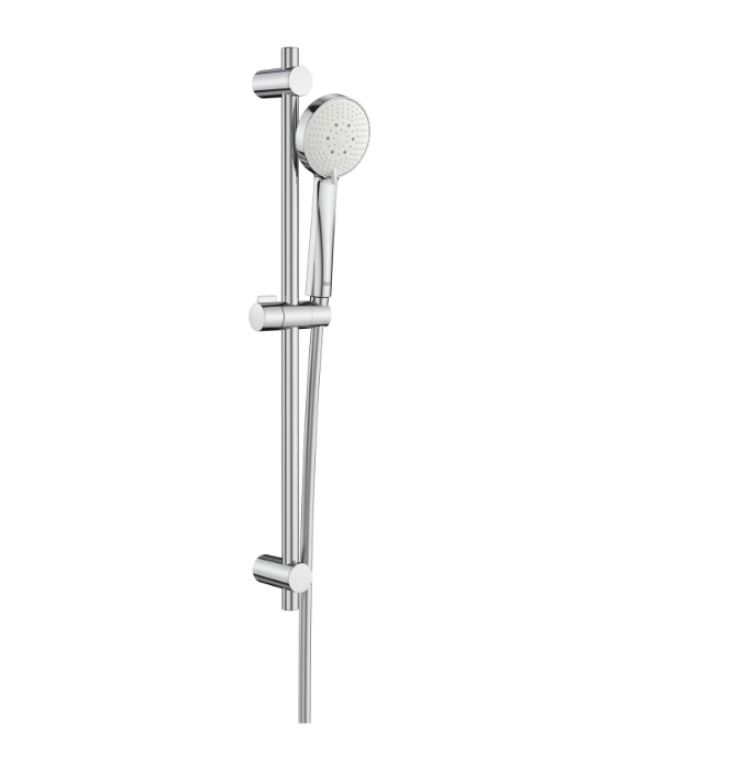 Екранна снимка 2026-07-31 093105 - Мебели за баня и душкабини Chrome handheld showerhead attached to a vertical sliding rail in a shower setting. Is described as a chrome showerhead with an adjustable-height rail.
