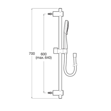 Vertical wall-mounted shower rail with handheld shower and hose; overall height 700 mm, rail height adjustable up to 640–600 mm.