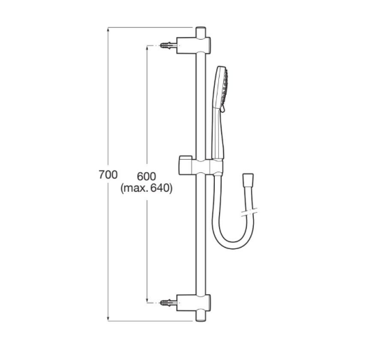 Екранна снимка 2026-07-31 093351 - Мебели за баня и душкабини Vertical wall-mounted shower rail with handheld shower and hose; overall height 700 mm, rail height adjustable up to 640–600 mm.
