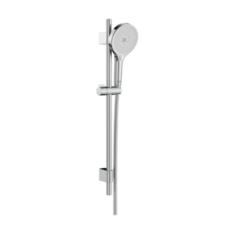 Shower head attached to a vertical chrome rail with a sliding holder on a white background
