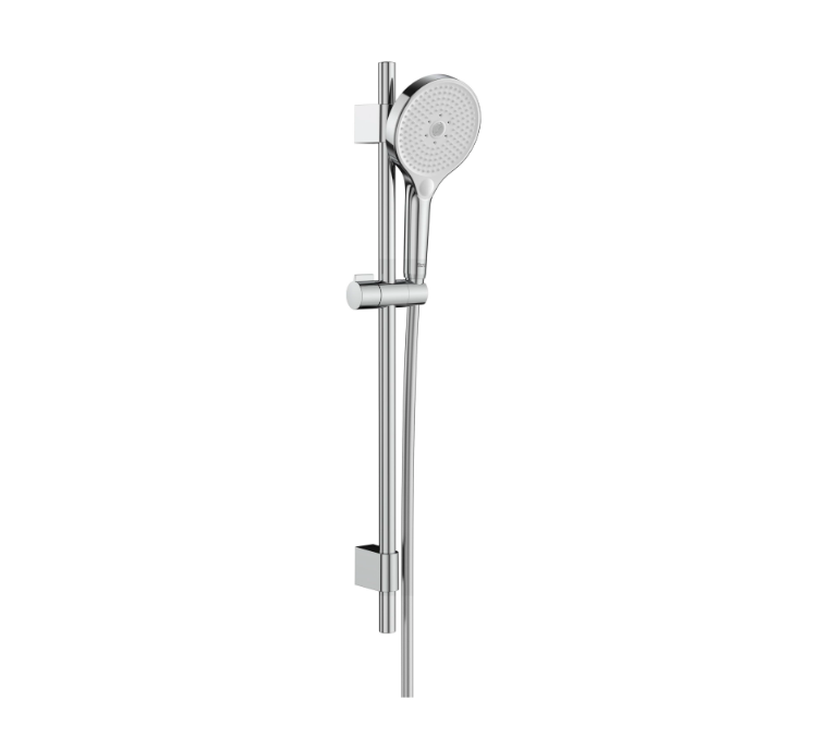 Екранна снимка 2026-07-31 093836 - Мебели за баня и душкабини Shower head attached to a vertical chrome rail with a sliding holder on a white background