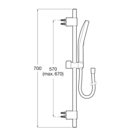 Shower rail with handheld shower and hose; height 700 mm with adjustable slider from 570–670 mm.