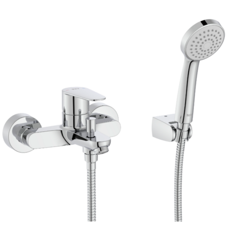 Chrome wall-mounted bath mixer with a handheld shower and flexible hose for showering and faucet control.