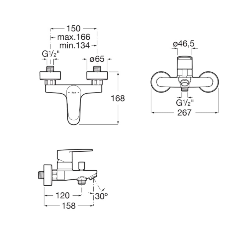 Technical drawing of a wall-mounted faucet: front view shows dual handles and central spout with 150 mm handle spacing; side/ rear views give mounting dimensions (267 mm width, 46.5 mm mounting diameter; G½" threads); bottom view shows reach ~158 mm and 30° angle.