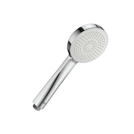 Chrome handheld shower head with circular spray face and many nozzles on a polished handle.