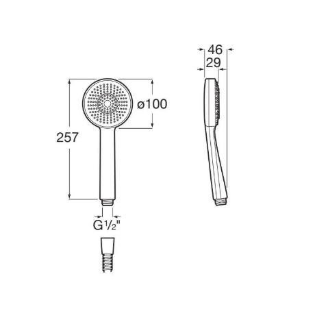 Technical drawing of a handheld shower head with dimensions: head Ø100 mm, overall length 257 mm, hose connector G1/2"; side view shows 46 mm and 29 mm measurements.