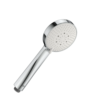 Chrome handheld shower head with a round spray face and multiple small nozzles against a white background