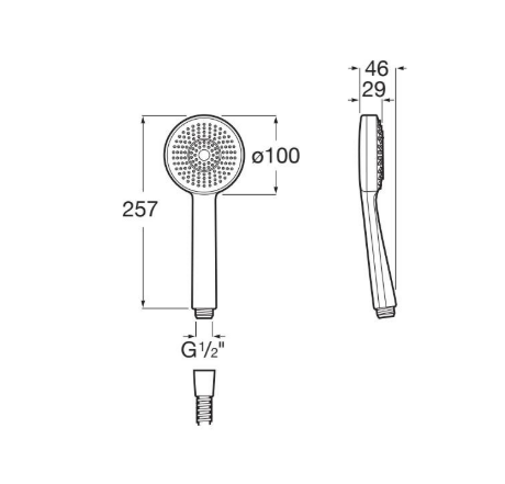 Technical drawing of a handheld shower head with dimensions: circular head Ø100 mm, overall length 257 mm, bottom threaded connector G 1/2", and side view indicating 46 mm depth and 29 mm thickness.