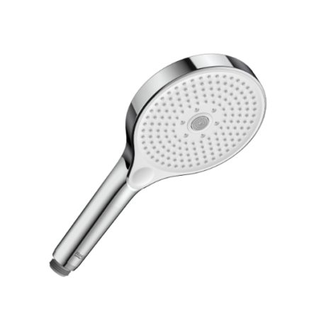 Handheld chrome shower head with a white spray face and many small holes.