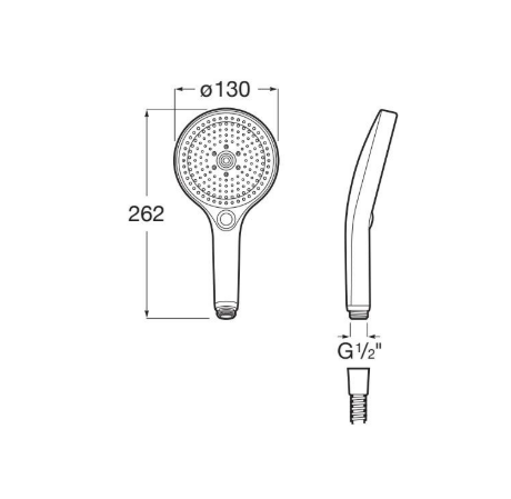 Technical diagram of a handheld shower head: round head Ø130 mm, 262 mm overall length; side view shows slim profile with G1/2" threaded connector.
