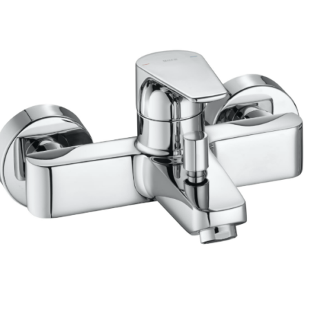 Chrome wall-mounted bathroom mixer faucet with lever handle and round escutcheons, polished finish.