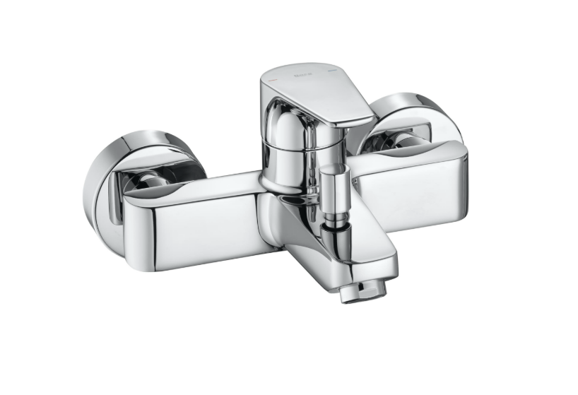 Екранна снимка 2026-07-31 101408 - Мебели за баня и душкабини Chrome wall-mounted bathroom mixer faucet with lever handle and round escutcheons, polished finish.