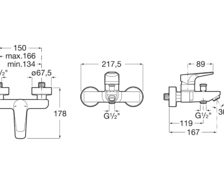 Technical schematic of a two-handle faucet with central spout, shown in front, top, and side views with dimension marks and G 1/2" connections.