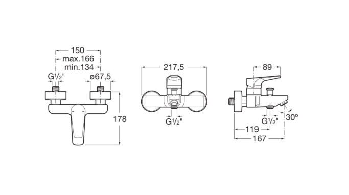 Екранна снимка 2026-07-31 101501 - Мебели за баня и душкабини Technical schematic of a two-handle faucet with central spout, shown in front, top, and side views with dimension marks and G 1/2" connections.