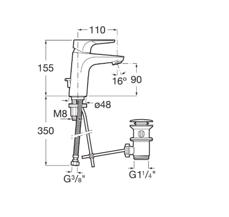 Technical installation drawing of a single-handle faucet with labeled dimensions: total height 155 mm, spout reach 110 mm, spout height 90 mm, outlet clearance 16 mm, hose length 350 mm, thread sizes M8, G3/8" inlet and G1 1/4" outlet, and drain assembly shown.