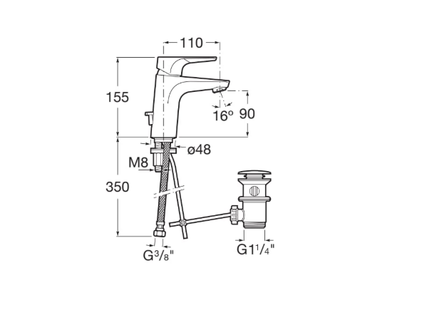 Екранна снимка 2026-07-31 102003 - Мебели за баня и душкабини Technical installation drawing of a single-handle faucet with labeled dimensions: total height 155 mm, spout reach 110 mm, spout height 90 mm, outlet clearance 16 mm, hose length 350 mm, thread sizes M8, G3/8" inlet and G1 1/4" outlet, and drain assembly shown.