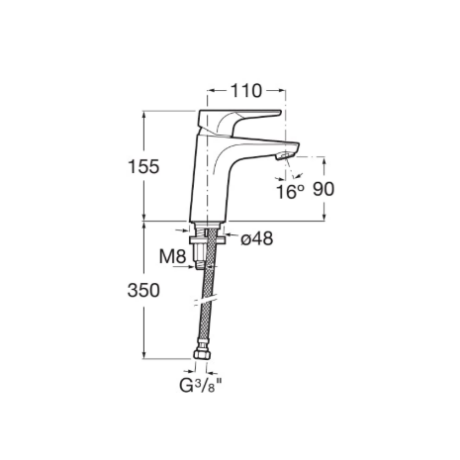 Line drawing of a single-handle faucet with dimensions: 110 mm reach, 155 mm height, 90 mm outlet, 16° spout, 350 mm hose length, and M8/G3/8 connections.