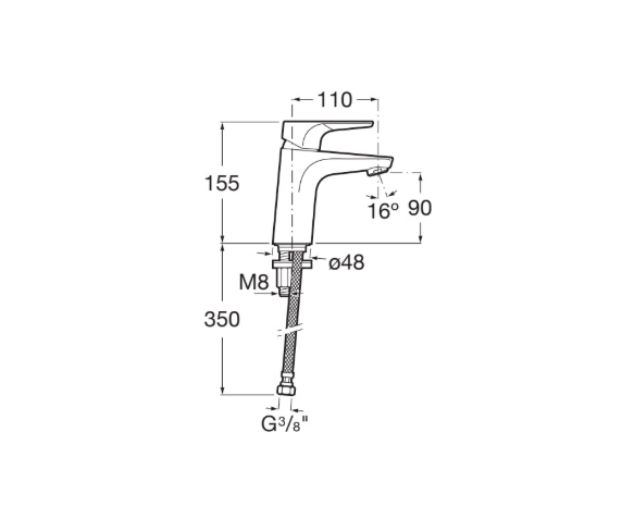 Екранна снимка 2026-07-31 102934 - Мебели за баня и душкабини Line drawing of a single-handle faucet with dimensions: 110 mm reach, 155 mm height, 90 mm outlet, 16° spout, 350 mm hose length, and M8/G3/8 connections.
