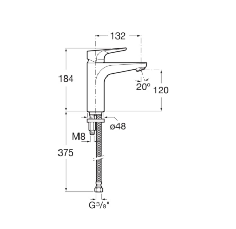 Technical drawing of a tall kitchen faucet with dimensions: overall height 375 mm, spout height 184 mm, reach 132 mm, 20° spout angle, M8 mounting, and G3/8 hose connection.
