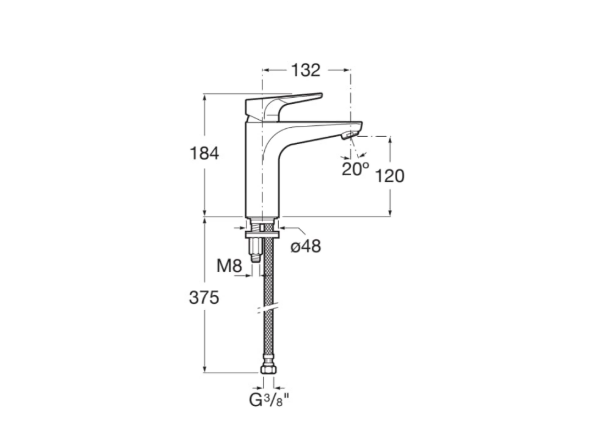 Екранна снимка 2026-07-31 103655 - Мебели за баня и душкабини Technical drawing of a tall kitchen faucet with dimensions: overall height 375 mm, spout height 184 mm, reach 132 mm, 20° spout angle, M8 mounting, and G3/8 hose connection.