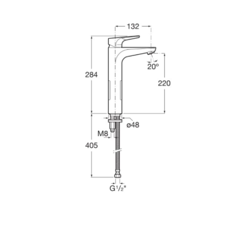 Technical schematic of a tall single-handle faucet with dimensions: height 284 mm, reach 132 mm, outlet 220 mm, thread G1/2 soon noted.