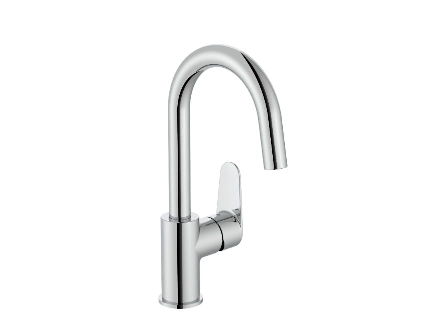 Екранна снимка 2026-07-31 104506 - Мебели за баня и душкабини Chrome curved faucet with a single lever handle (gooseneck spout).