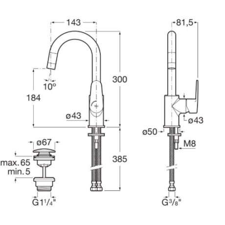 Technical drawing of a tall kitchen faucet with two views, showing spout reach 143 mm, height 300 mm, total height 385 mm, base Ø43, and hose fittings (G1/4 and G3/8).