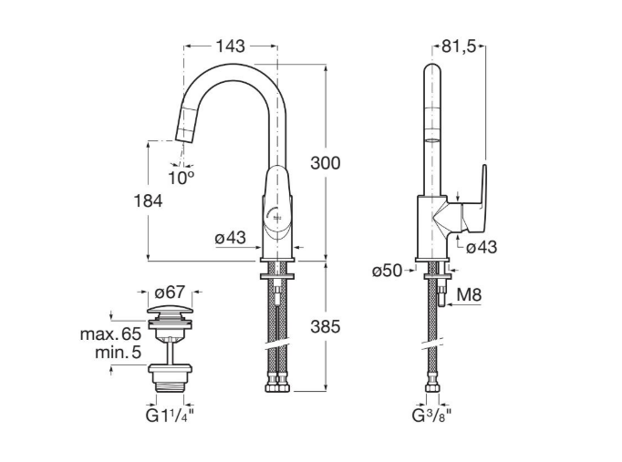 Екранна снимка 2026-07-31 104848 - Мебели за баня и душкабини Technical drawing of a tall kitchen faucet with two views, showing spout reach 143 mm, height 300 mm, total height 385 mm, base Ø43, and hose fittings (G1/4 and G3/8).