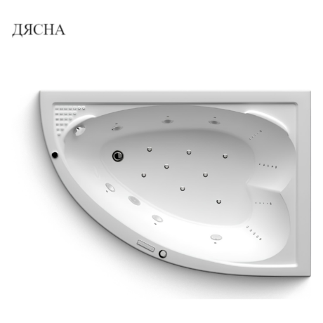 Angled view of a white bathtub with multiple jets and a small edge panel, emphasizing the tub's interior. The Cyrillic logo ДЯСНА is visible at top left.