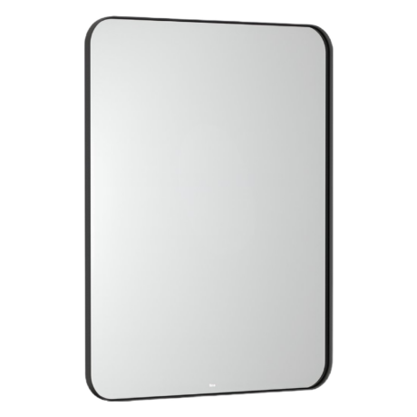 Large rectangular mirror with rounded corners and a slim black frame against a white background