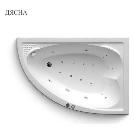 Top-down view of a white bathtub with round jet holes and a control panel along the rim; partial Cyrillic logo in the corner.