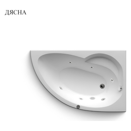 Top-left perspective of a white corner bathtub with multiple round jet nozzles and a curved basin viewed from above.