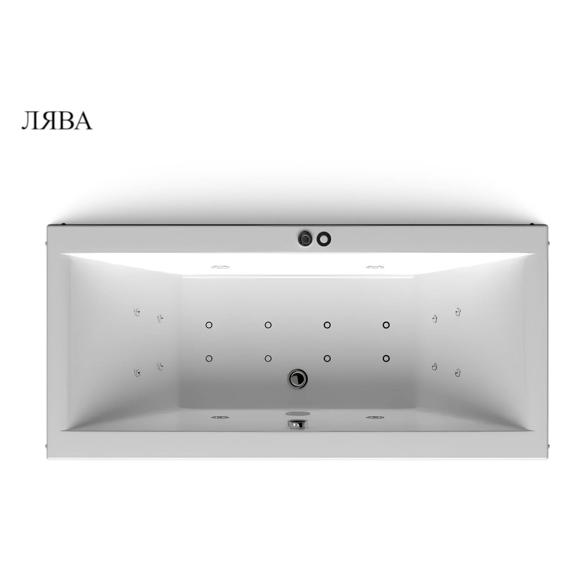White front-loading washing machine visible from the side with a large door and circular controls along the top edge. The Cyrillic word ЛЯВА appears in the upper left.