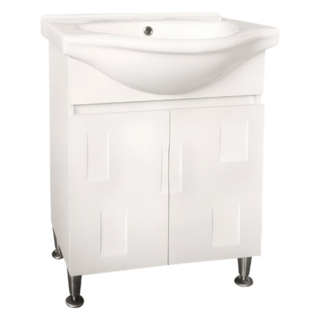 White bathroom vanity with an integrated sink and slender metal legs, shown against a white backdrop.