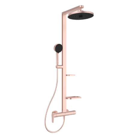 Rose-gold shower system with a large round rainfall head and a handheld unit on a vertical rail.
