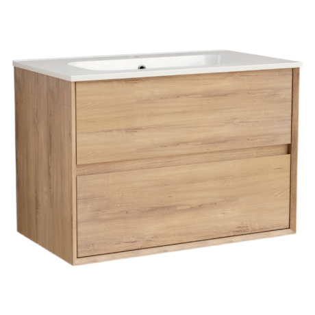 Wooden bathroom vanity with a white countertop and integrated sink, viewed from the side.