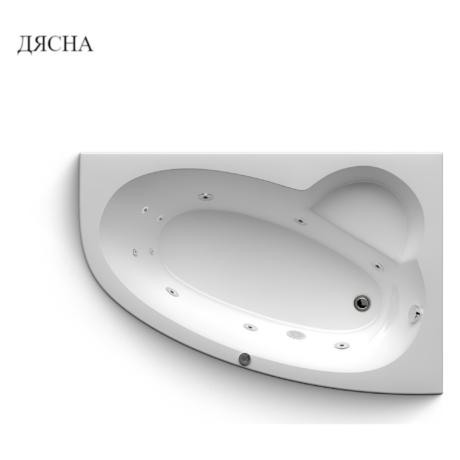 Partial view of a white oval bathtub with multiple jets and a glossy surface, photographed from above at a corner angle.