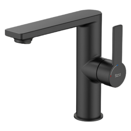 Close-up of a black matte single-handle faucet with a flat, rectangular spout and cylindrical base.