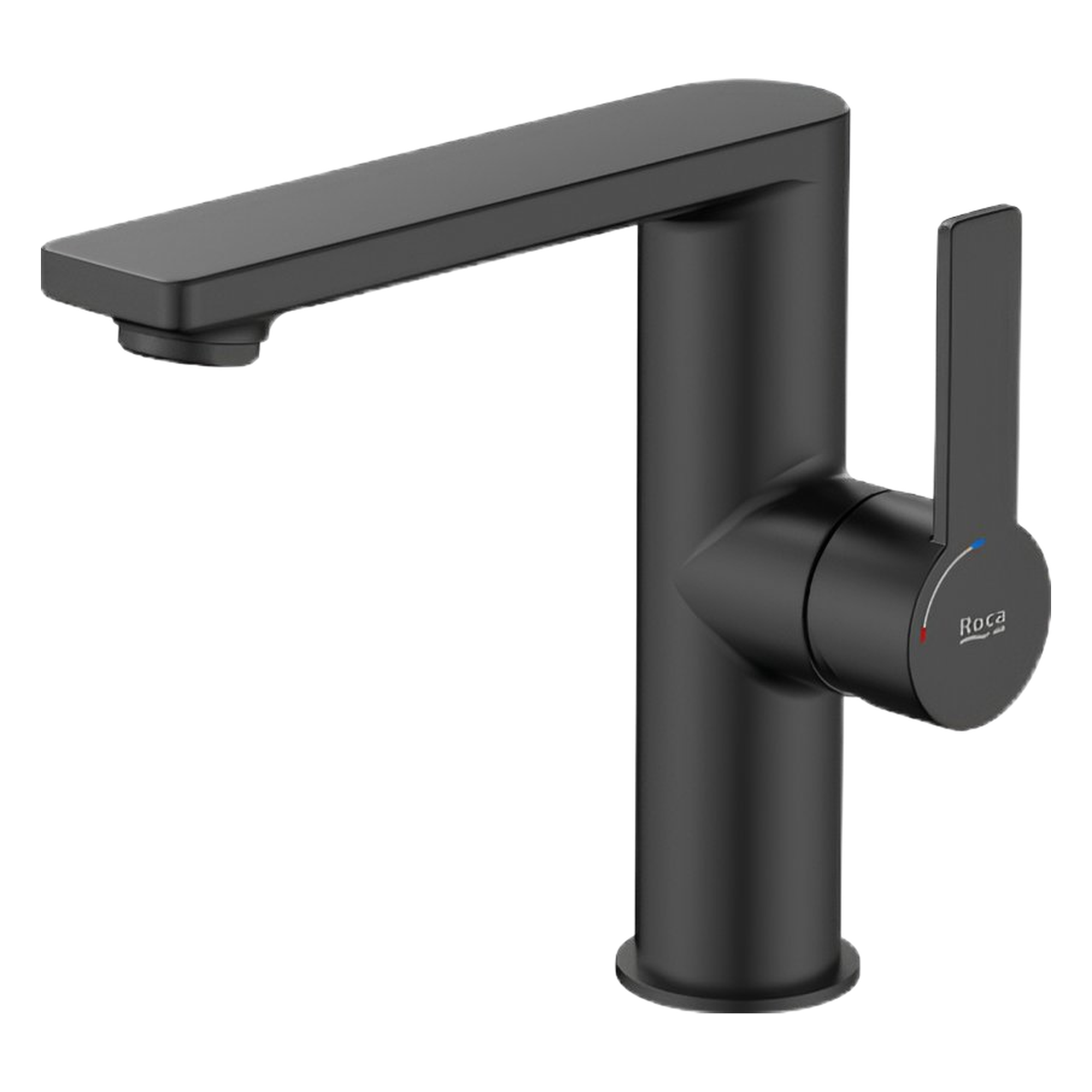 401661cd-3cba-4eea-8b9d-7305220ffb3d - Мебели за баня и душкабини Close-up of a black matte single-handle faucet with a flat, rectangular spout and cylindrical base.