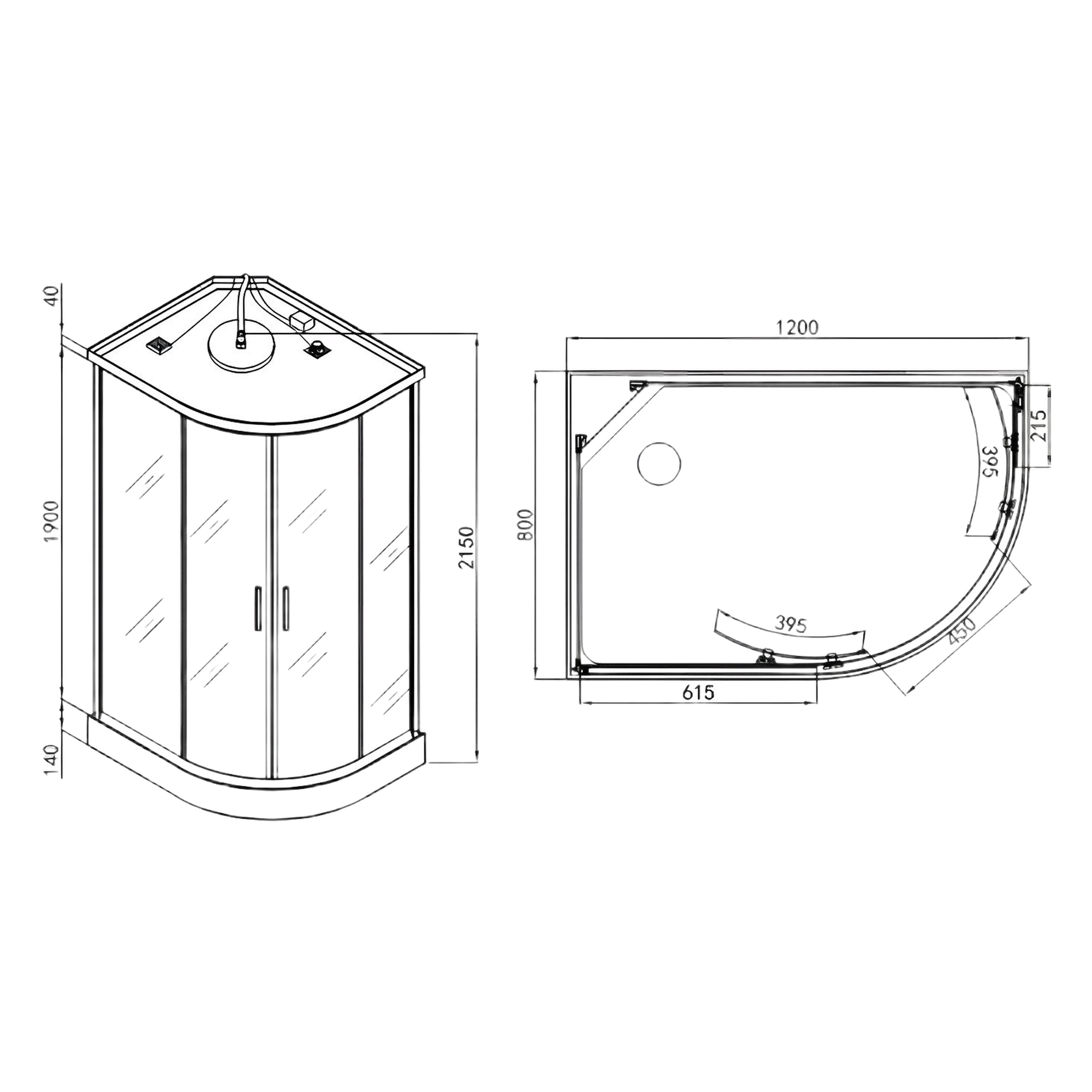 Technical drawing of a curved corner shower enclosure with glass doors and dimension lines indicating overall width and height.