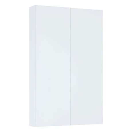 White double-door cabinet with a vertical seam in the center of the doors and a minimalist design.