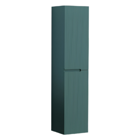 Tall teal-green cabinet with vertical grooves running along its front panel on a white background, showing a lower hinge area.