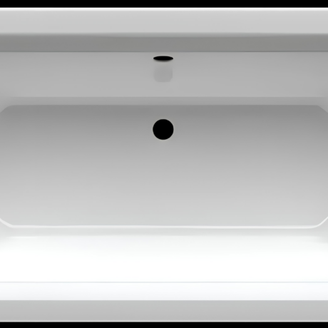 Top-down view of a white bathtub interior, empty, with a circular drain in the center and an overflow opening near the rim.