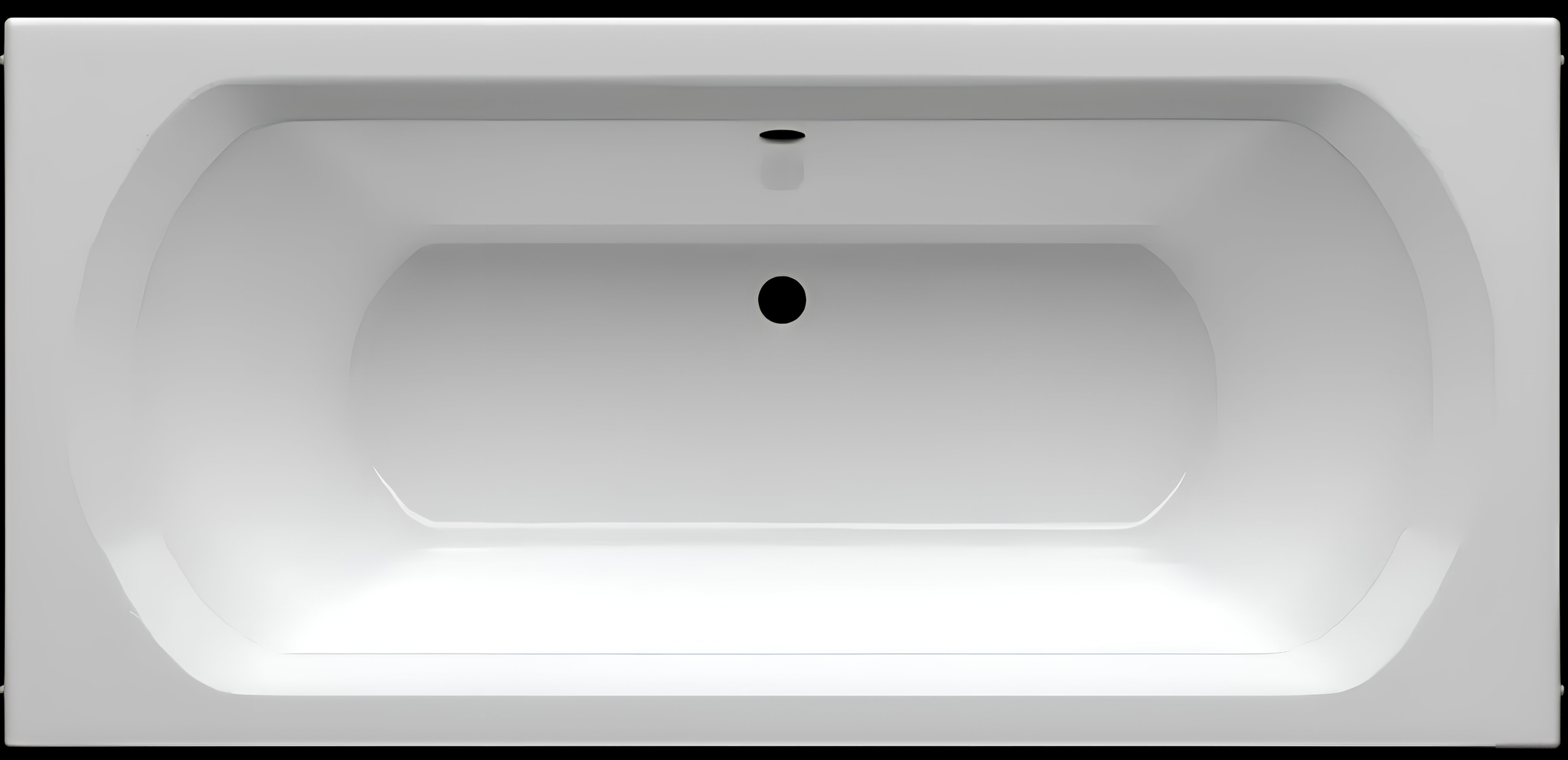 Top-down view of a white bathtub interior, empty, with a circular drain in the center and an overflow opening near the rim.